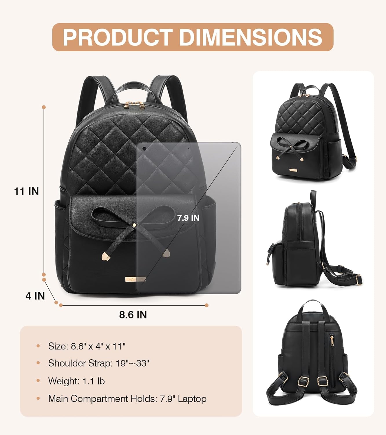 Marvolia Mini Backpack for Women and Girls - Leather Backpack with Cute Bowknot Quilted Small Backpacks for Shopping Travel School - Black - Image 2