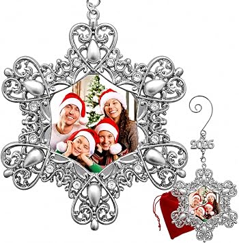 Snowflake Christmas Ornament 2026 with Photo Silver Filigree Family Ornament with Crystals & Pearls Dated Xmas Keepsake Gift Personalized Holiday Decor Gift Storage Bag Included 3.5 Inch