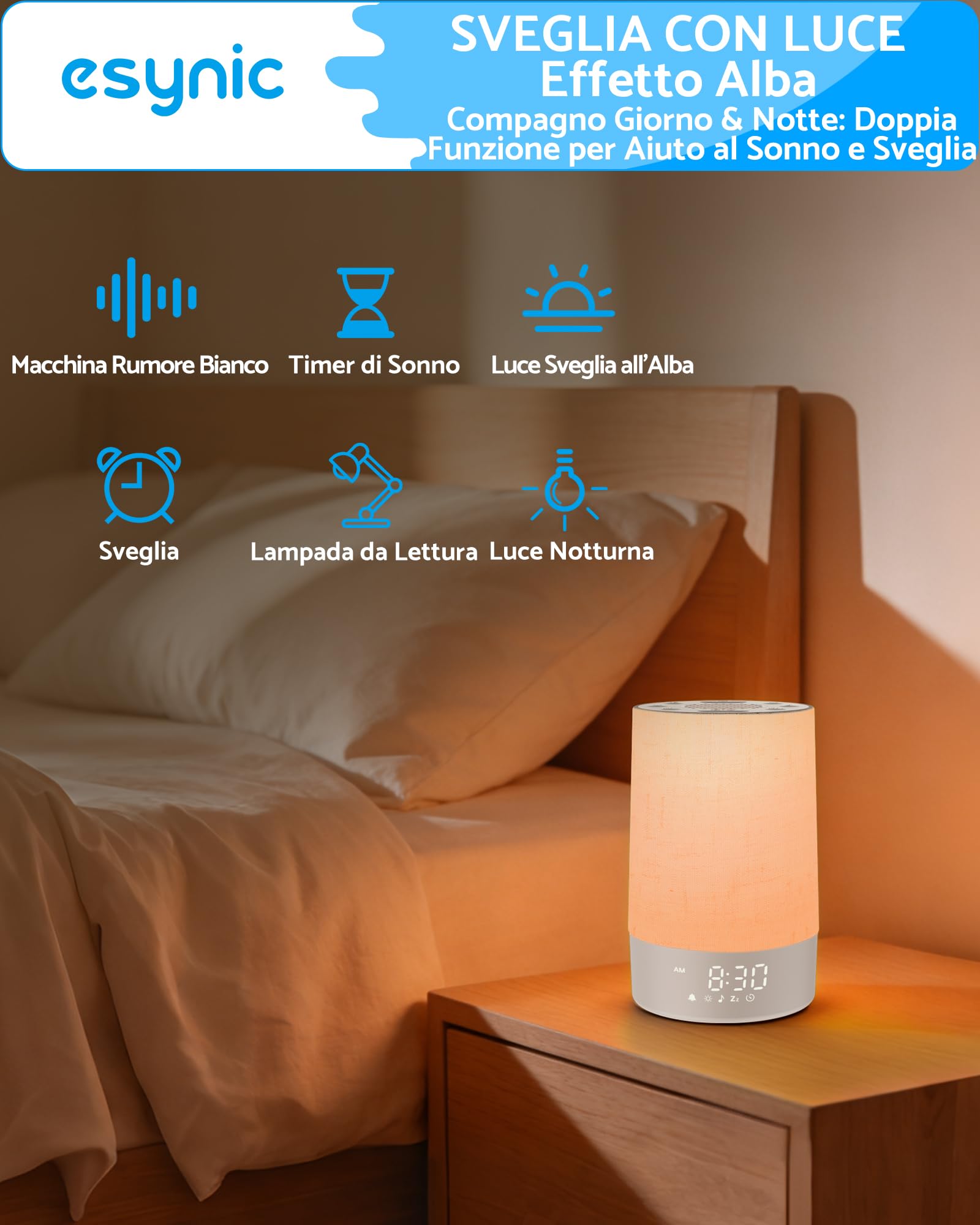 eSynic 2 in 1 Sveglia Luminosa Alba e Macchina Rumore Bianco, Luce Notturna Display Dimmerabile, 30 Suoni Rilassanti, Timer, Snooze, Volume Regolabile, Sunrise Alarm Clock da Comodino con Spina