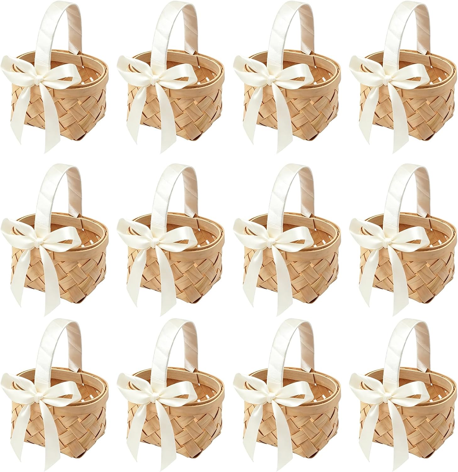 MDEOOSKY 12 Pcs Mini Wooden Baskets, Woven Flower Baskets with Handles for Weddings, Baby Showers, and Party Decorations 3.15"D x 2.56"W x 4.13"H (White)