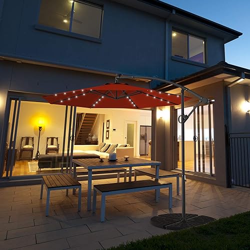 Miniatura 3 de Tangkula Paraguas de patio de 10 pies con rotación de 360 grados, paraguas LED alimentado por energía solar con manivela y base cruzada, paraguas de