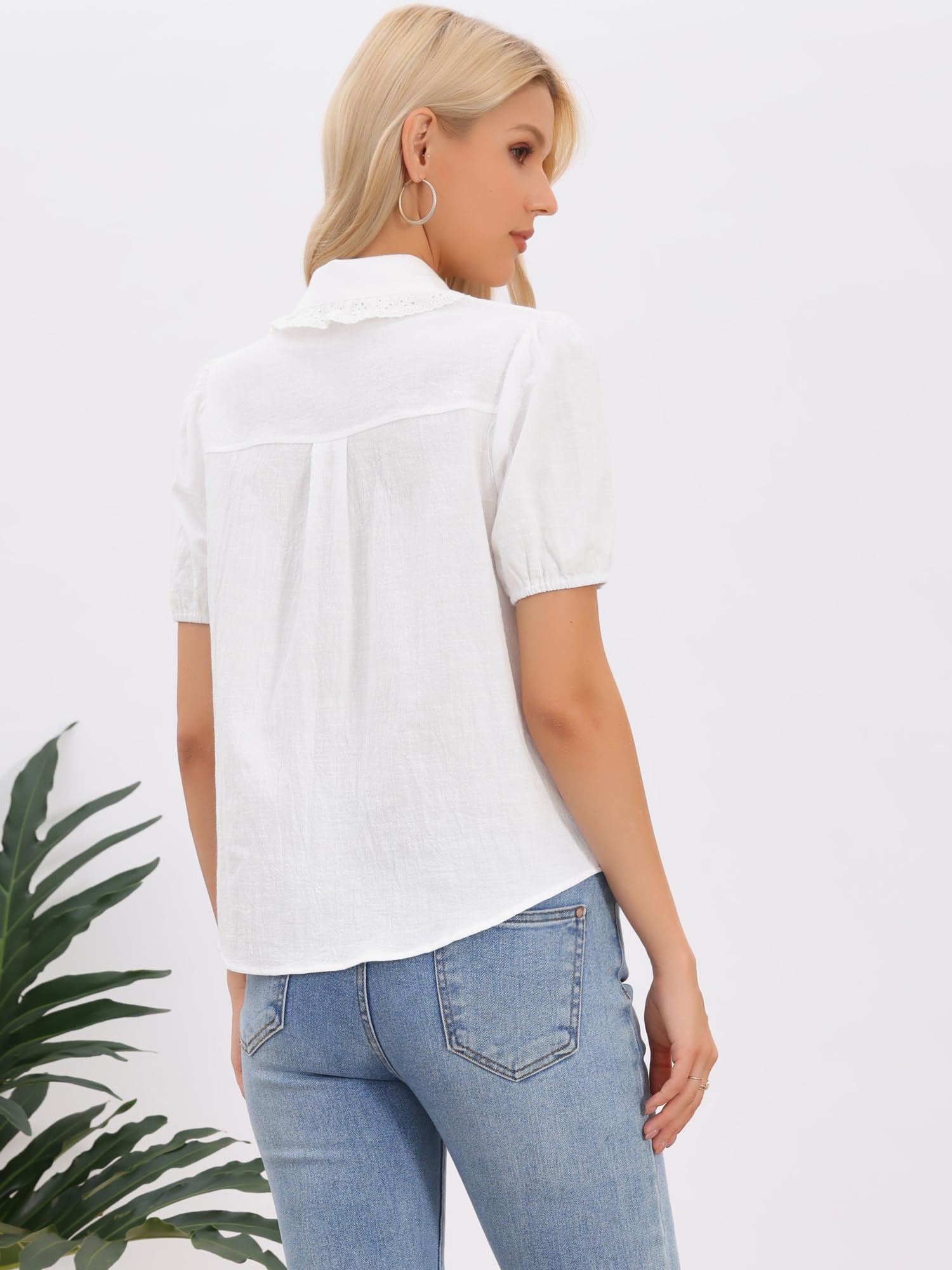 Allegra K Camicetta da donna in cotone con colletto alla Peter Pan a maniche corte | Design del pannello all'uncinAdatto per primavera, estate, autunno, casual, picnic, lavoro, appuntamenti, all'aperto