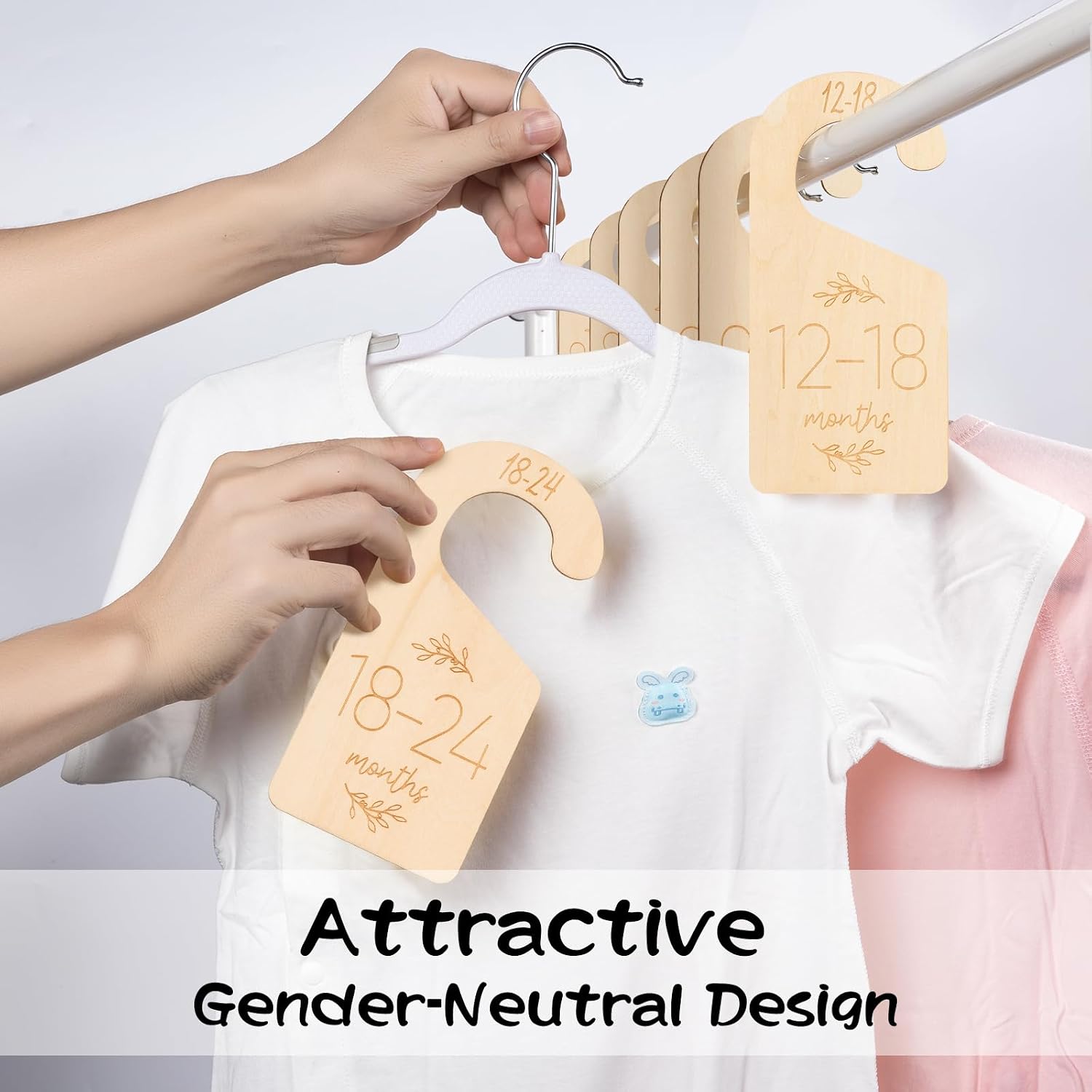 Baby Closet Dividers for Clothes Organizer - Set of 7 Adorable Wooden Double-Sided Baby Clothes Size Hanger Organizer from Newborn to 24 Months for Nursery Beautiful Decor