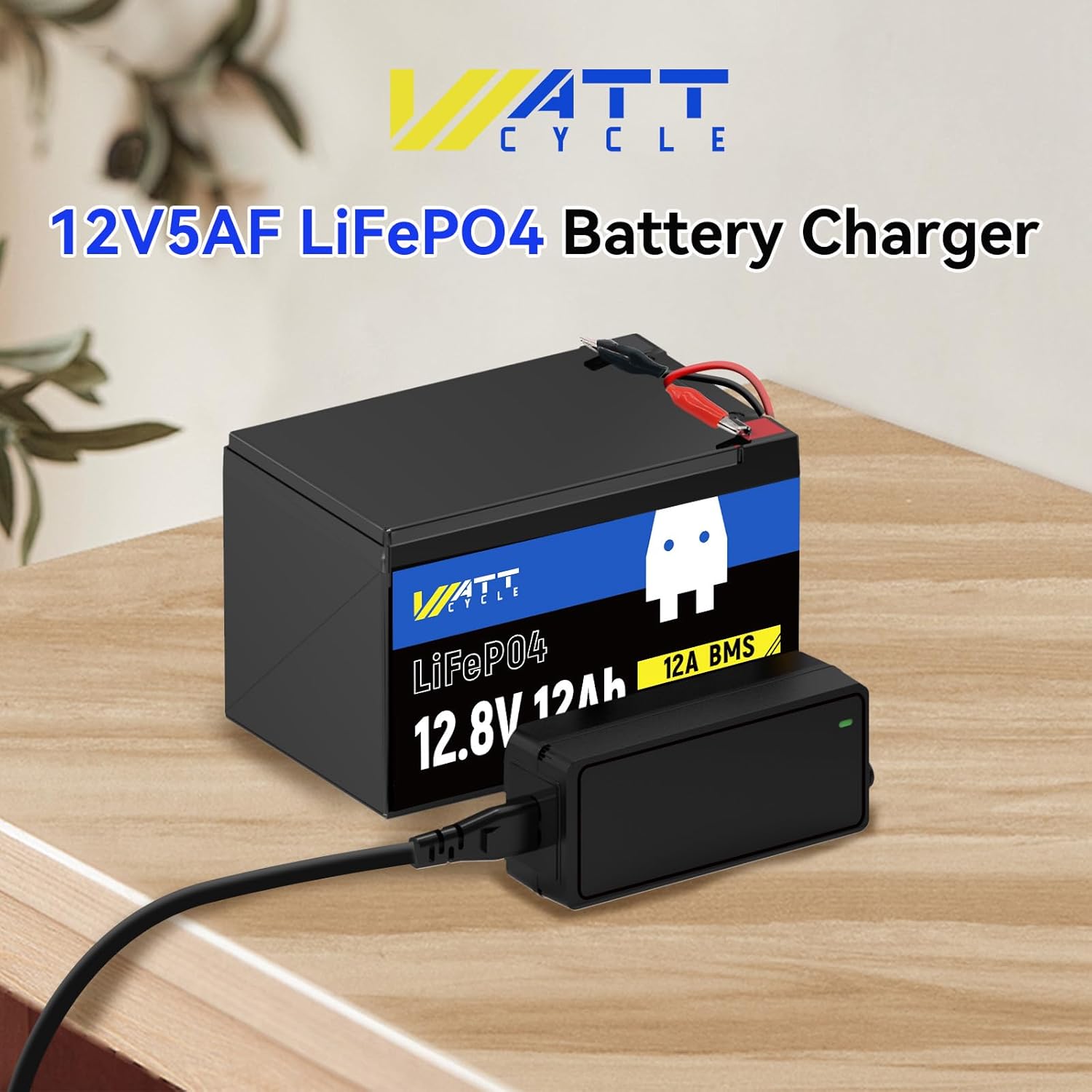 WattCycle 12V 5A Intelligent Float Charger - Battery Charger for All Battery Types, Sparkless Technology, Lightweight - Protects Li-Ion Batteries with Efficient Charging