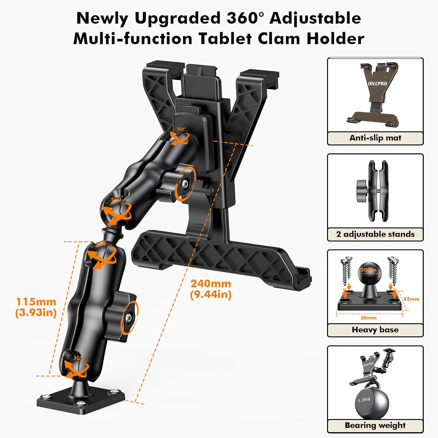 OHLPRO Tablet Holder for Truck, Heavy Duty iPad Mount for Drill Base 360°Adjustable 2-Stage Arm Car Stand for All 7" - 11.5" iPad Pro,Mini,Samsung Tab,Nexus, Great for Desks,Wall, Businesses