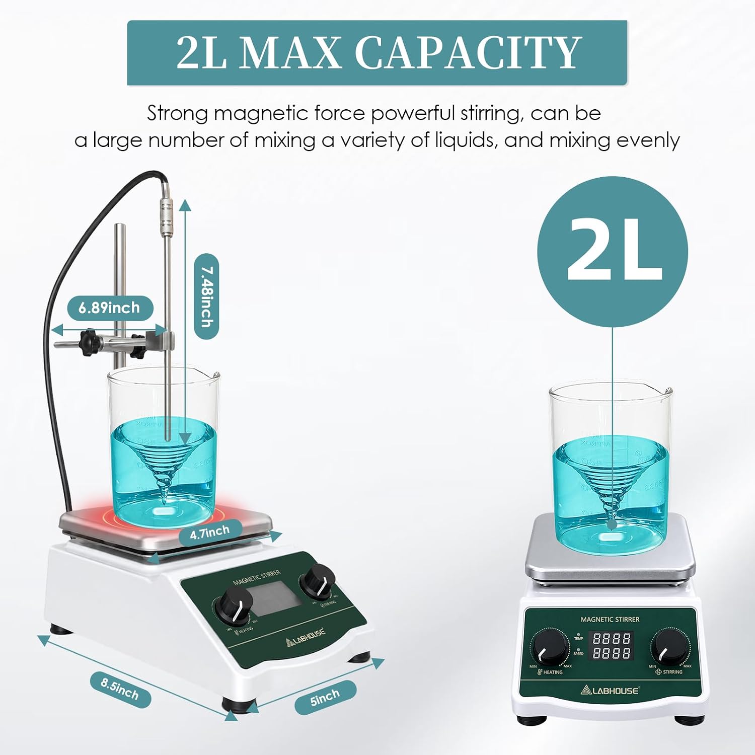 100℃/ 212℉ Digital Magnetic Stirrer Hot Plate 2L Heated Mixer 700-2600RPM Lab Stirring W/Temperature Probe,Support Stand,Stir Bar Recycler Set