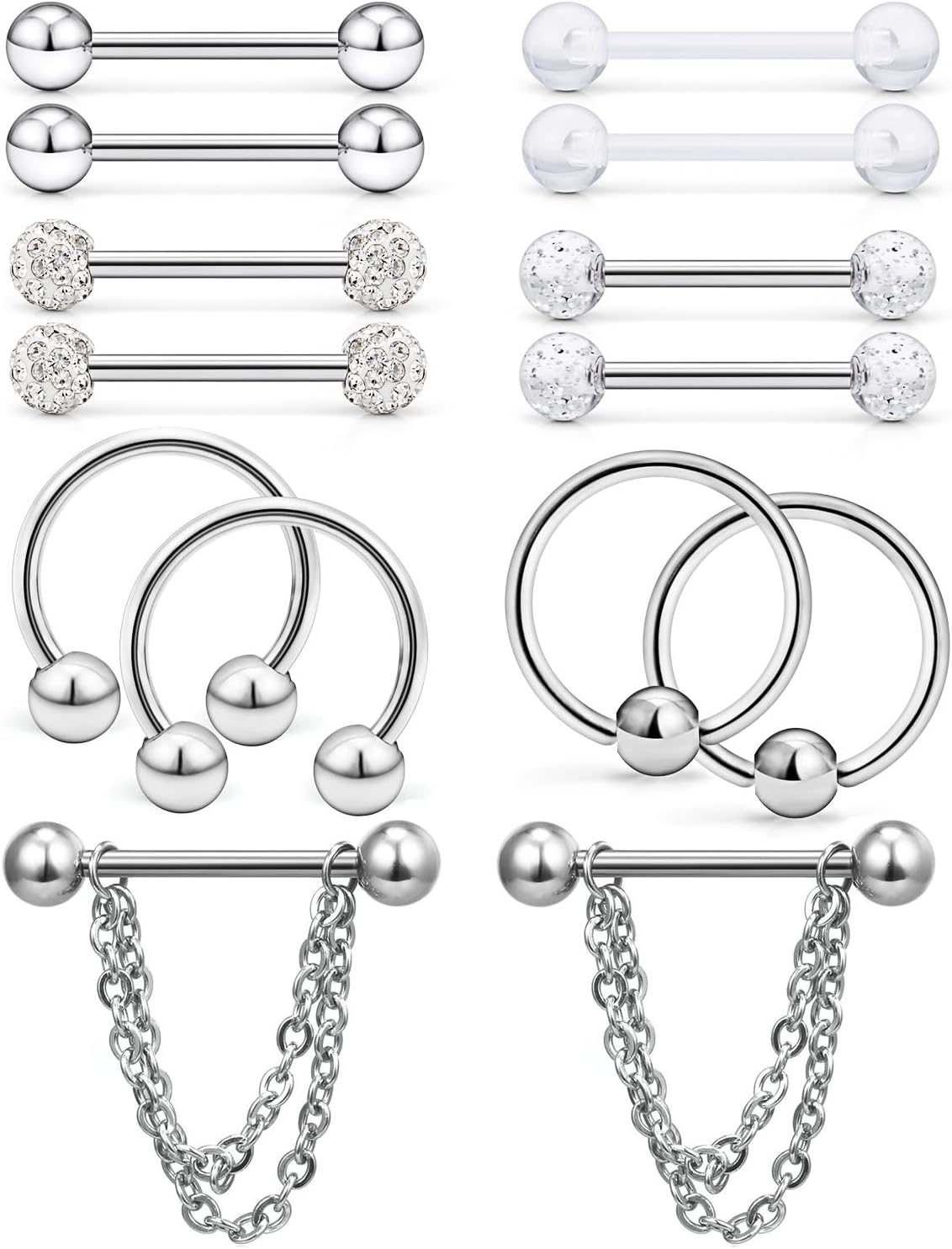 Hoeudjo 14Pcs 14G Surgical Steel Chain Dangle Nipple Rings Barbell Piercing Jewelry Retainer for Women