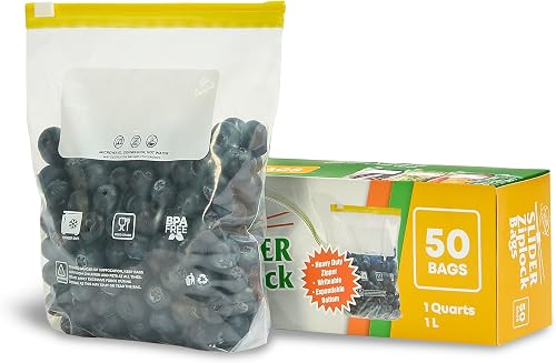 50pcs /Pack Slider Ziplock Bags – Reusable Freezer Storage Bags for Food, Sandwich, Meal Prep – Leakproof, BPA-Free, Resealable (Small size, 1 Quart). All Purpose plastic bags, heavy-duty zipper.