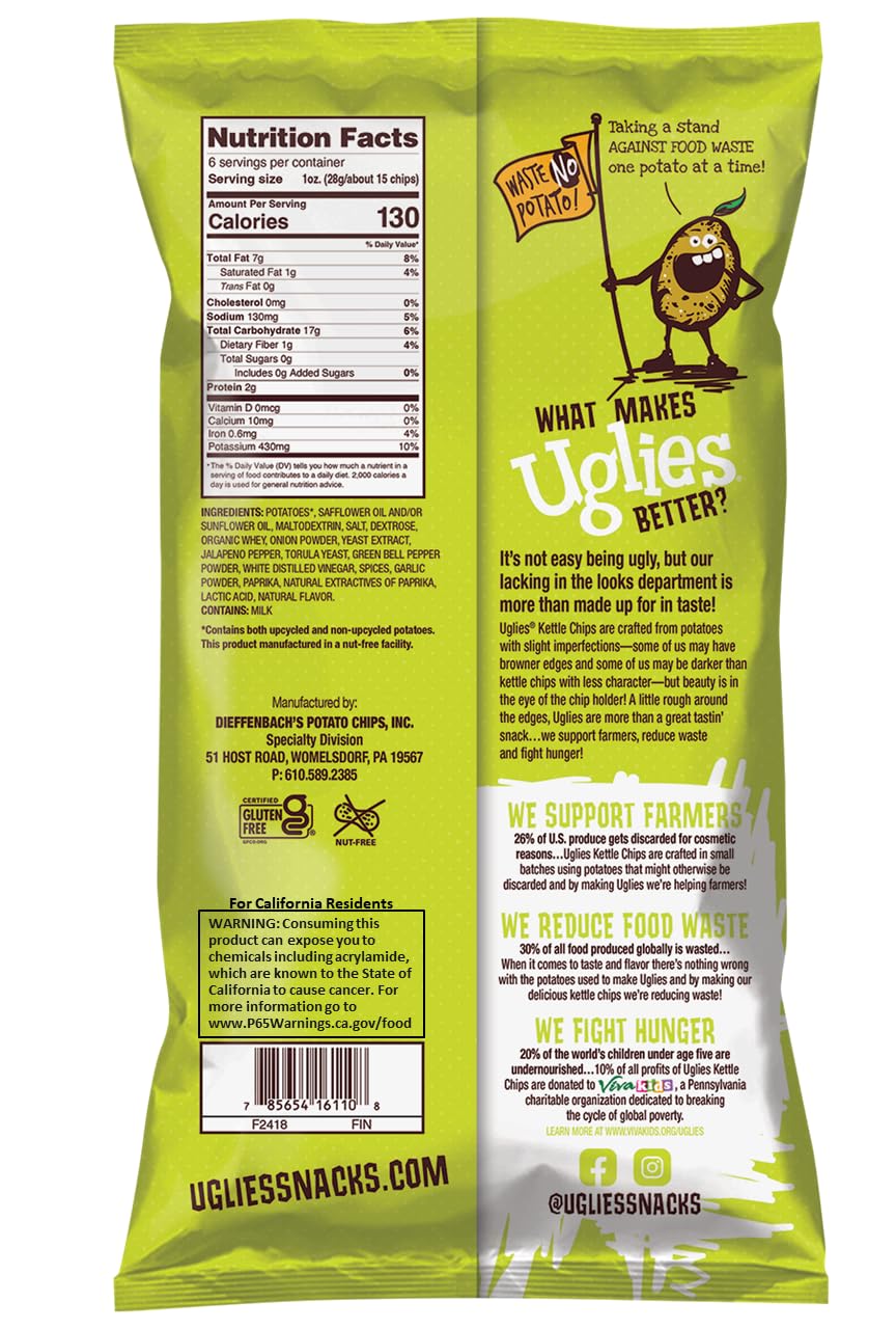 Uglies Jalapeno, Buffalo Ranch 6 OZ Kettle Cooked Potato Chips - Gluten Free, Kosher, Non-GMO, Office and Kids Snacks - Individual Lunch Snack 6 OZ Variety Pack of 4