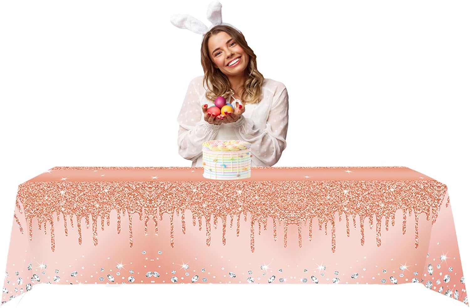 2Pcs Pink Rose Golden Birthday Party Tablecloths Rose Gold Sequin Plastic Table Cover, Pink Rose Gold Birthday Party Supplies Decorations for Girls Women, Graduation, Anniversary, Holiday