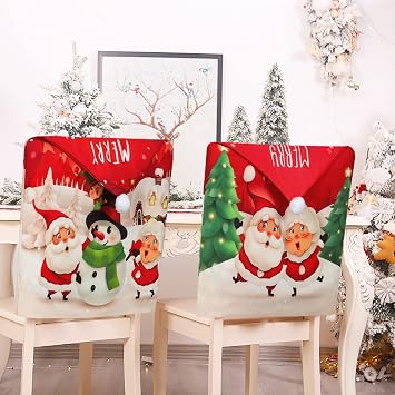 Betylifoy Christmas Chair Covers Set of 4 Christmas Dining Room Chair Back Covers Red Santa Hat Chair Slipcovers Santa Claus Snowman Xmas Chair Protector Cover for Christmas Home Kitchen Holiday Decor