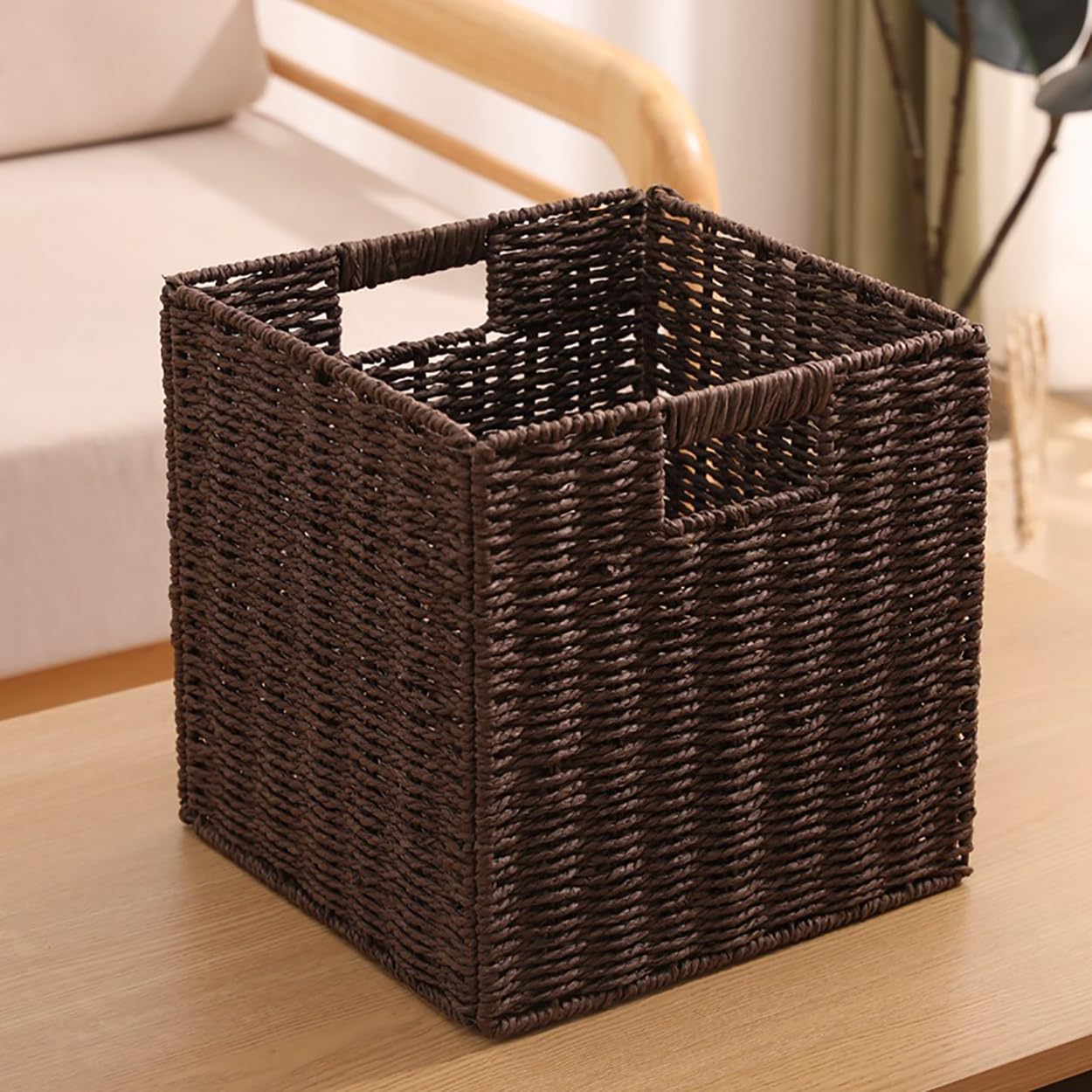 10.5x10.5in Storage Baskets 1Pcs Paper Rope Woven Baskets, Foldable Handwoven Storage Cubes, Wicker Cube Baskets Laundry Organizer Totes for Bathroom, Bedroom, Laundry, Pantry, Shelves