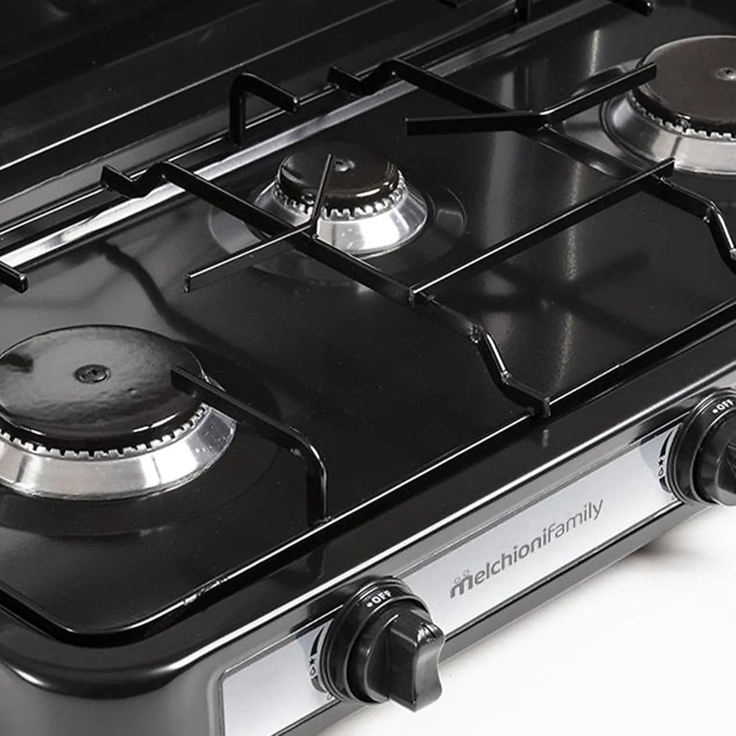Melchioni Family | Hornillo de Camping 3 Fuegos Negro MINERVA 3, Gas GPL, Tapa Protectora, Parrilla y Quemadores Extraíbles, Estructura de Acero Esmaltado