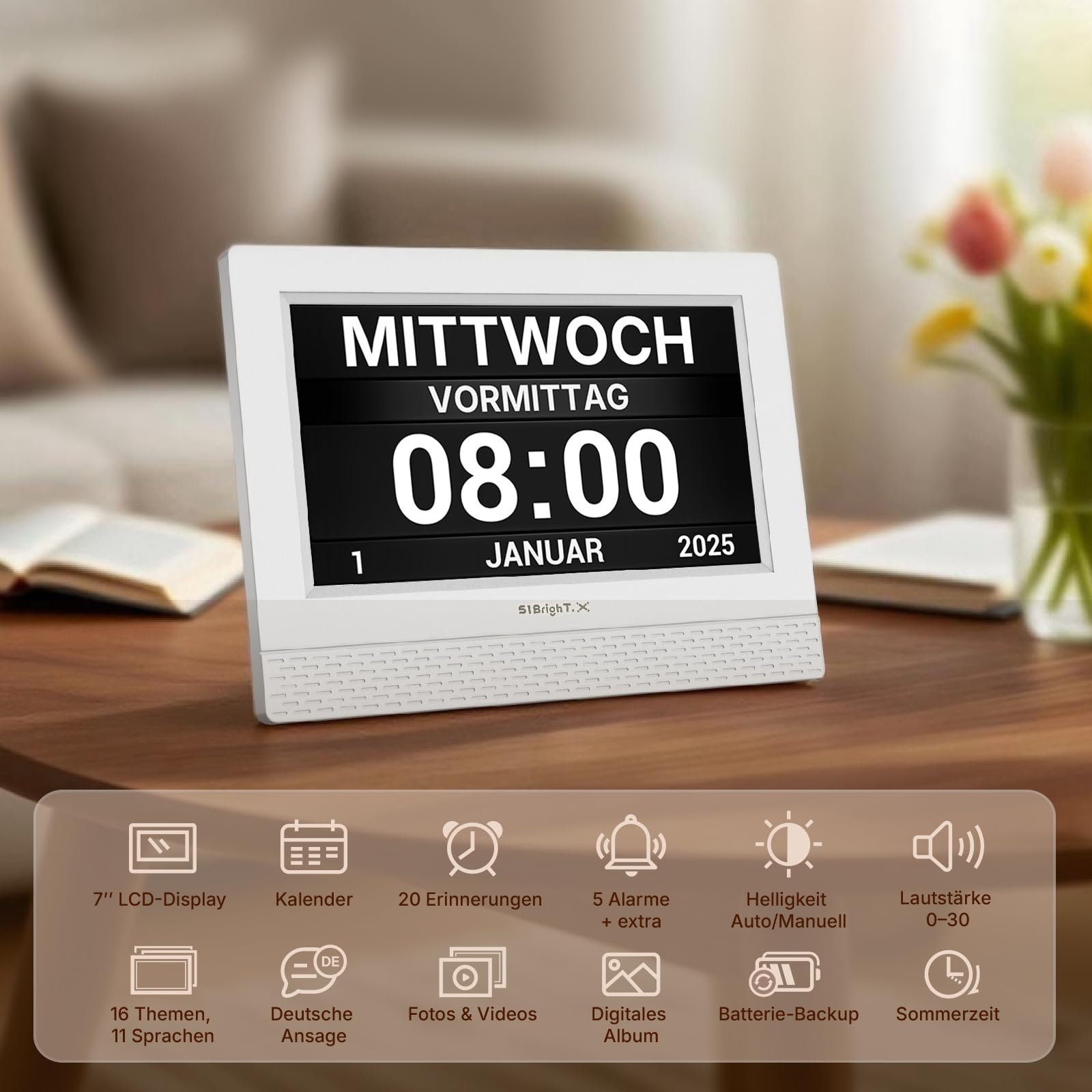 7 Zoll Digitale Kalenderuhr für Senioren mit Sprachansage