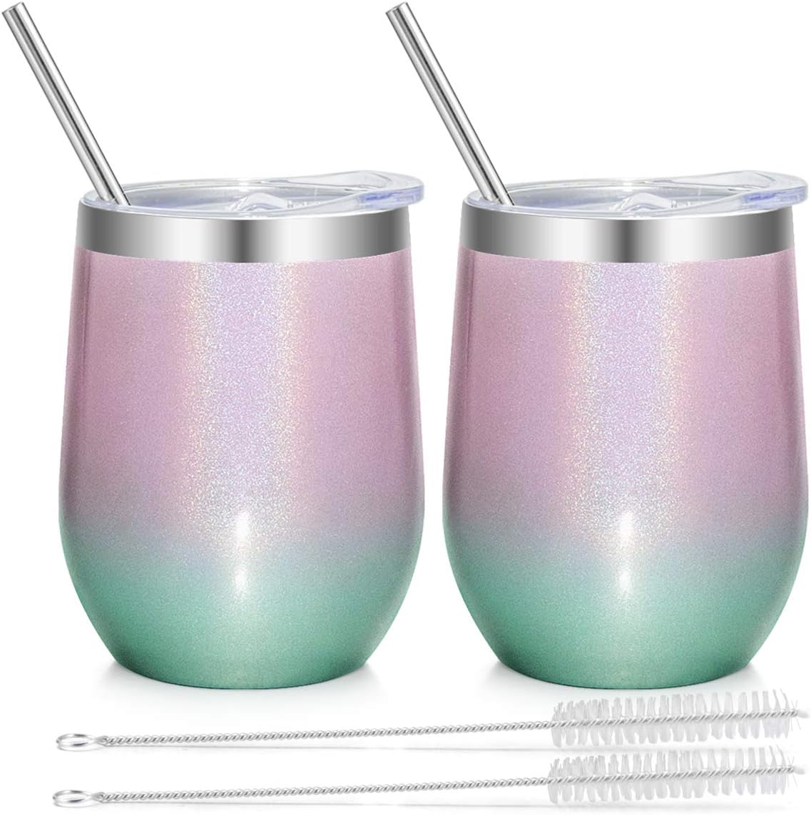 Bastwe 2 Pack Stemless Wine Tumblers with Straws, 12 oz Stainless Steel Double Wall Vacuum Insulated Wine Glass for Coffee, Champagne, Cocktail, Beer, Drinks (Glitter Pink Colorful)