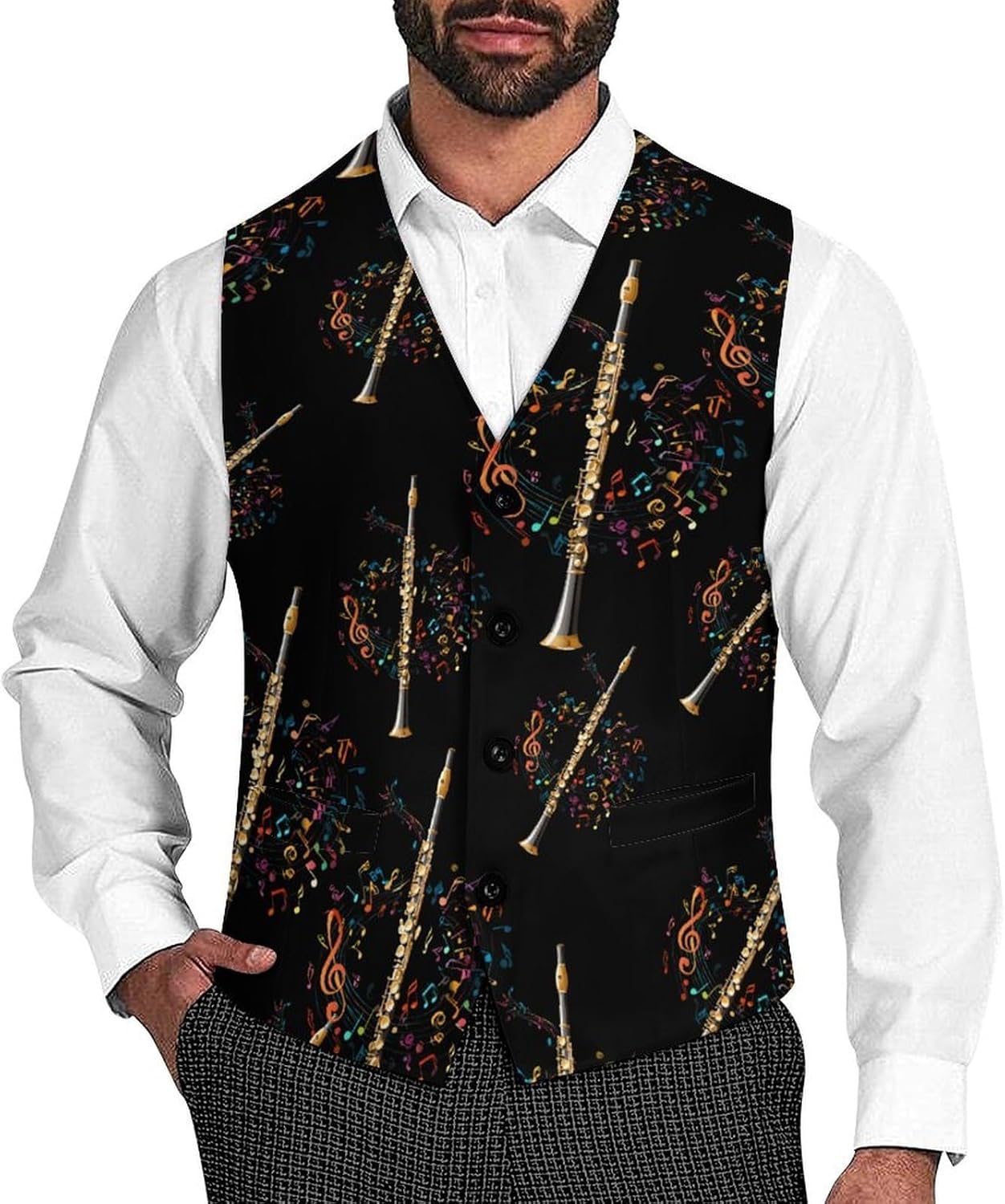 Flute Flutist Musical Note Men's Formal Suit Vest Slim Waistcoat for Business Tuxedo Dress