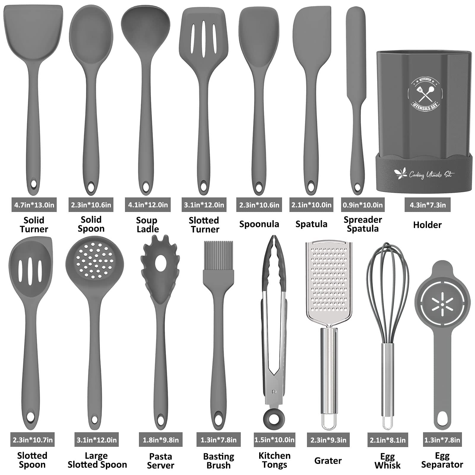 Deedro, set di utensili da cucina in silicone, 16 pezzi, resistenti al calore, con supporto, spatola antiaderente, gadget da cucina per cucinare e cuocere, grigio