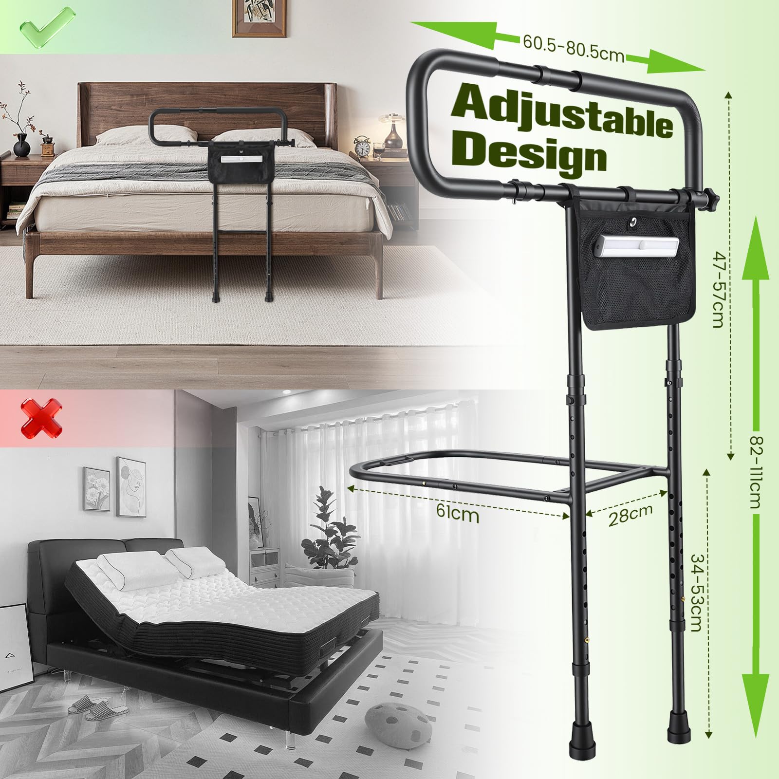 Sponda Letto Anziani Anticaduta, Sbarra di Sicurezza Regolabile 21 Altezze, Ausili per Alzarsi dal Letto con Luci a Sensore, Bras Rétractable, Capacità 136 kg, per Disabili e Anziani