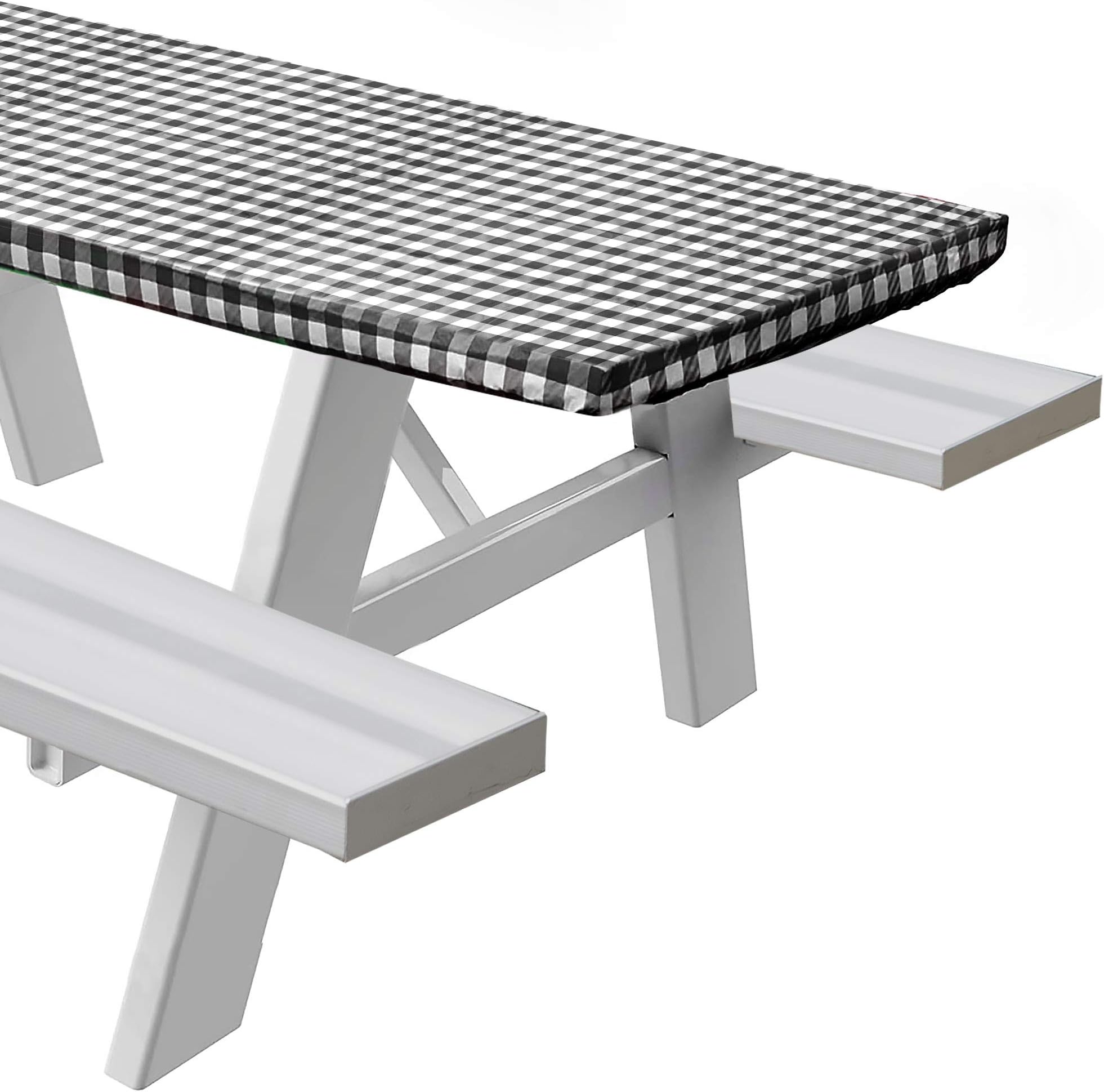 Sorefy Vinyl Fitted Picnic Table Cover, Checkered Design, Flannel Backed Lining, 30" x 96" Black