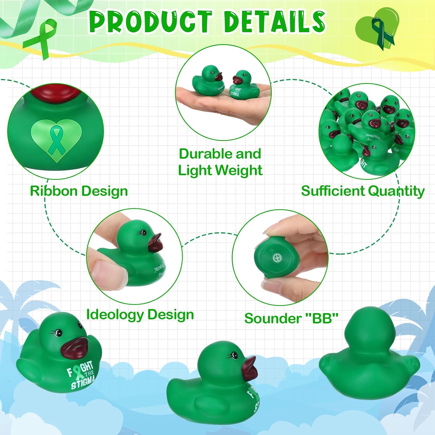 MiniInflat 100 Pcs Mental Health Awareness Rubber Ducks Assorted Mini Green Ribbon Rubber Ducks Bulk Mental Wellness Support Ducky Toys for Charity, Office Wellness Events