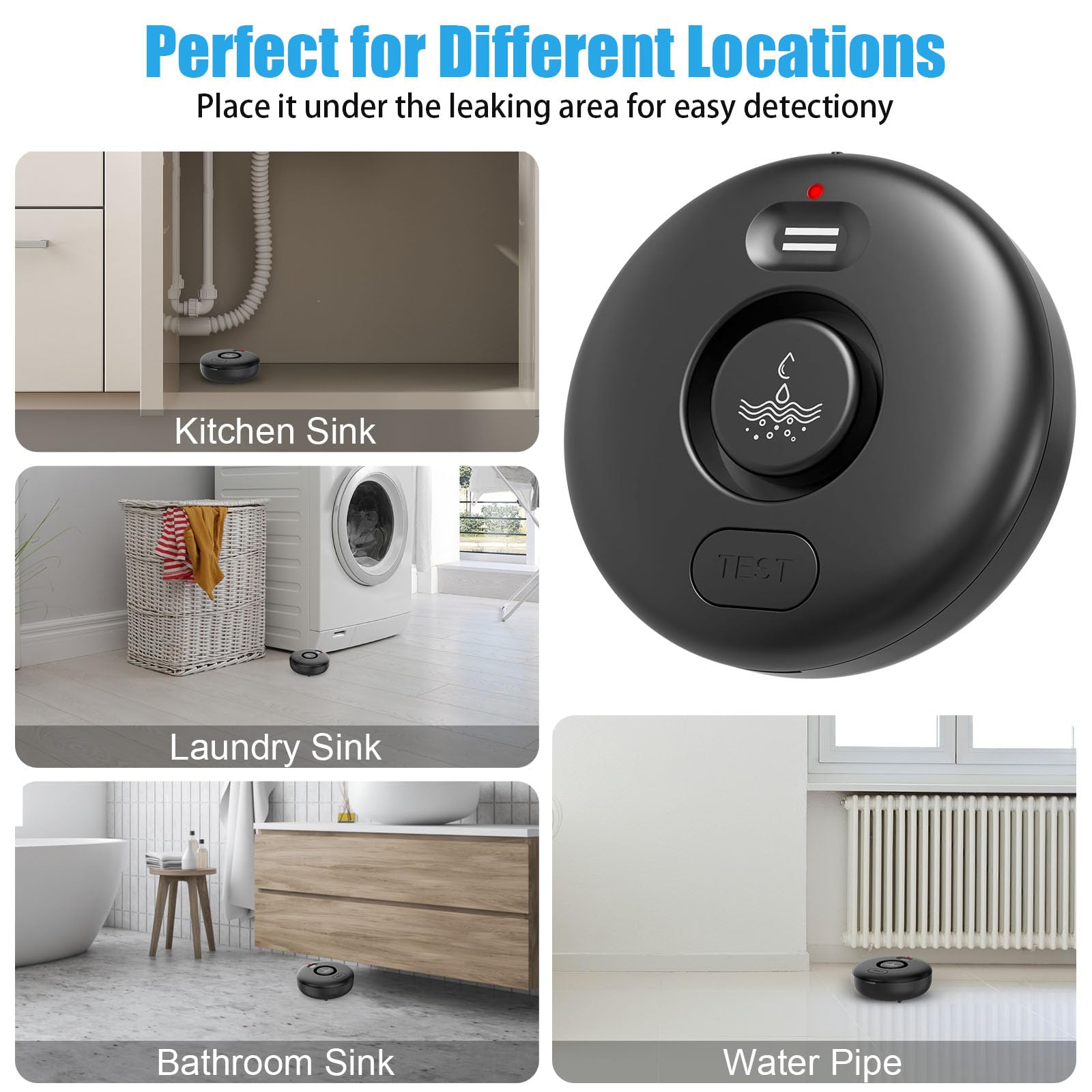Paquete de 5 detectores de alarma de fugas de agua, sensor de agua de alerta fuerte de 120 dB, IP66 impermeable, alerta sensible de fugas y goteo, fácil instalación para el hogar, prevención de