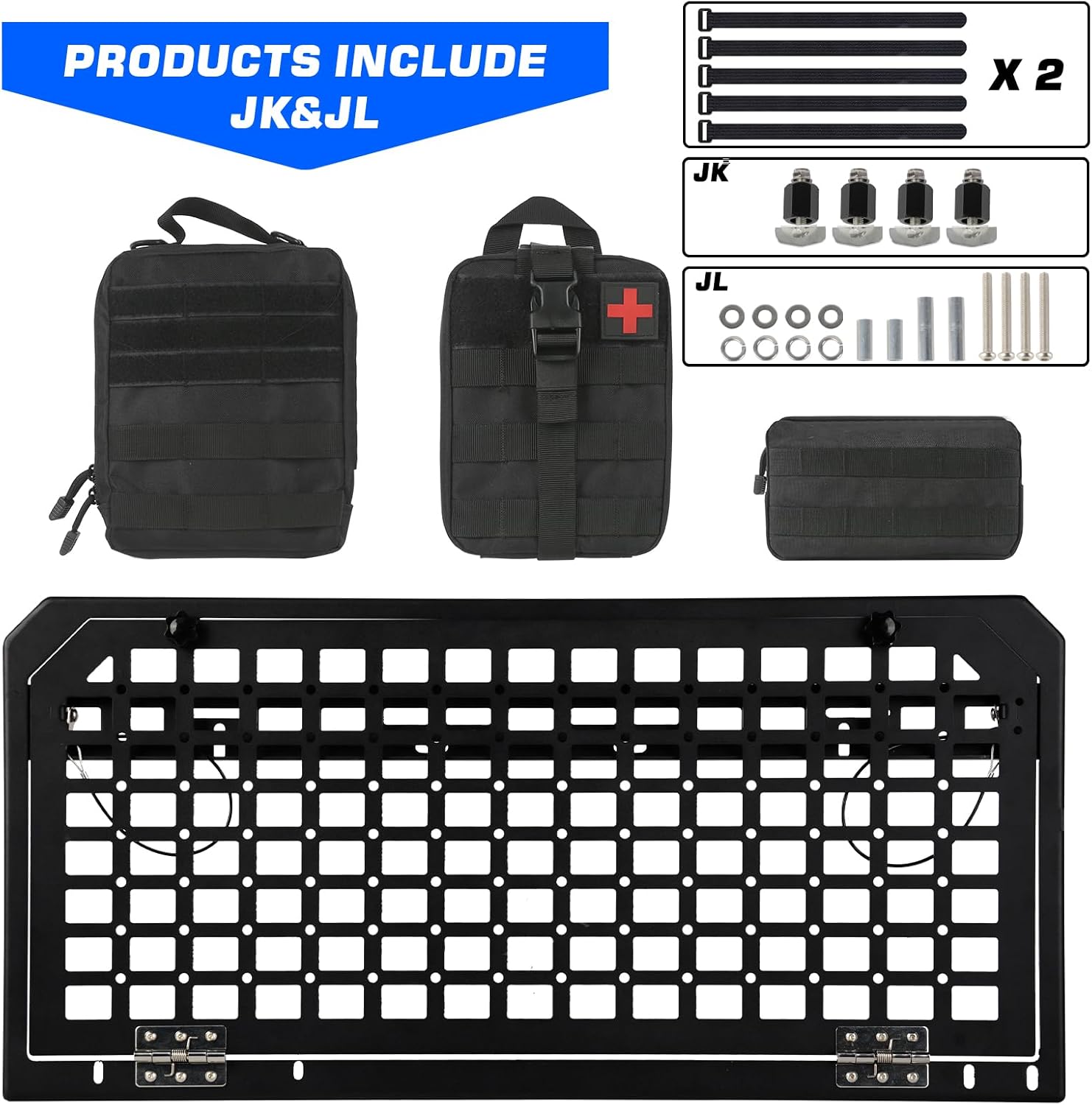 Tailgate Table Rear Storage Cargo Rack with 3 Storage Bags,Foldable Storage Shelf MOLLE Panel for 2007-2024 Jeep Wrangler JKU &JL JLU 4 Door