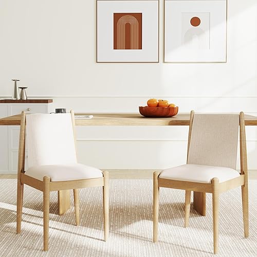 DUOMAY Juego de 2 sillas de comedor tapizadas de lino beige, sillas de cocina sin brazos de madera con patas naturales y marco resistente para