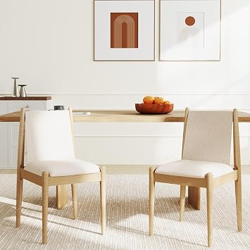 DUOMAY Upholstered Linen Beige Dining Chairs Set of 2, Wooden Armless Kitchen Chairs with Natural Legs and Sturdy Frame for Dining Room, Restaurant, Living Room