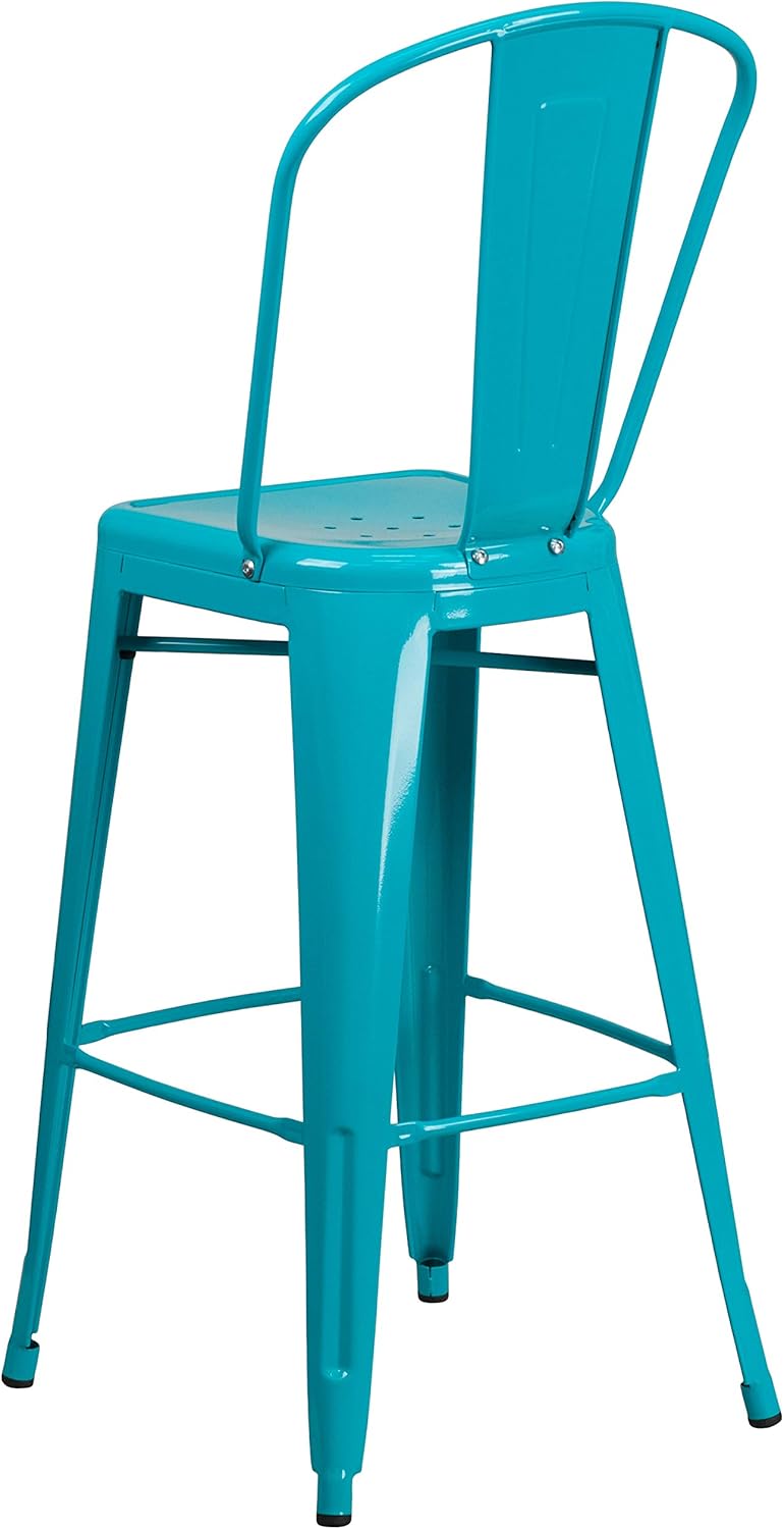 EMMA + OLIVER 4 Pack 30" High Crystal Teal-Blue Metal Indoor-Outdoor Barstool with Back