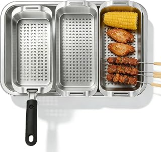 Grillkorb Set Edelstahl, 3er Grillkörbe mit Löchern, BBQ Grillpfännchen für Gasgrill, Gemüsekorb und Grillschale für Gemüse, Fisch und Fleisch, inkl. Serviertablett und Universal-Hebegriff