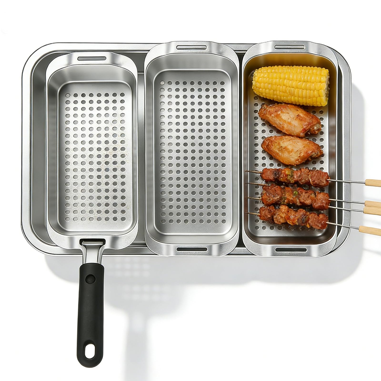 Panier à Barbecue en Acier Inoxydable Set, Panier à Légumes Barbecue avec Trous, Paniers de Grillades Avec Plateau de Service et Poignée Universelle, Accessoires BBQ Pour Poisson Viande Légumes