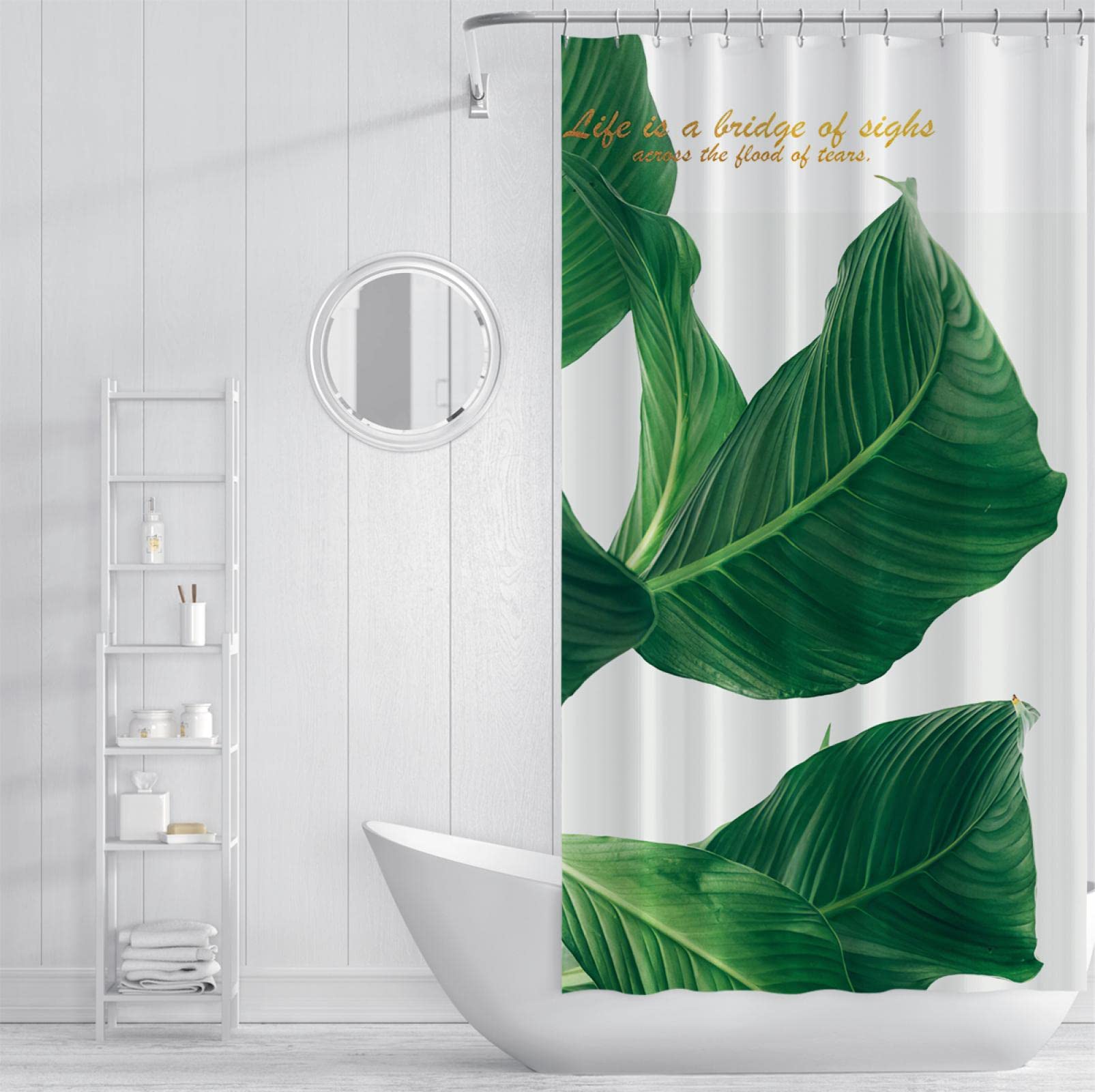 Verde Foglia D'oro Motto Inspirational Lettera Stampa Tessuto in Poliestere Bagno Impermeabile Artistico Poliestere tende da doccia con Ganci Bianco 150x200 cm