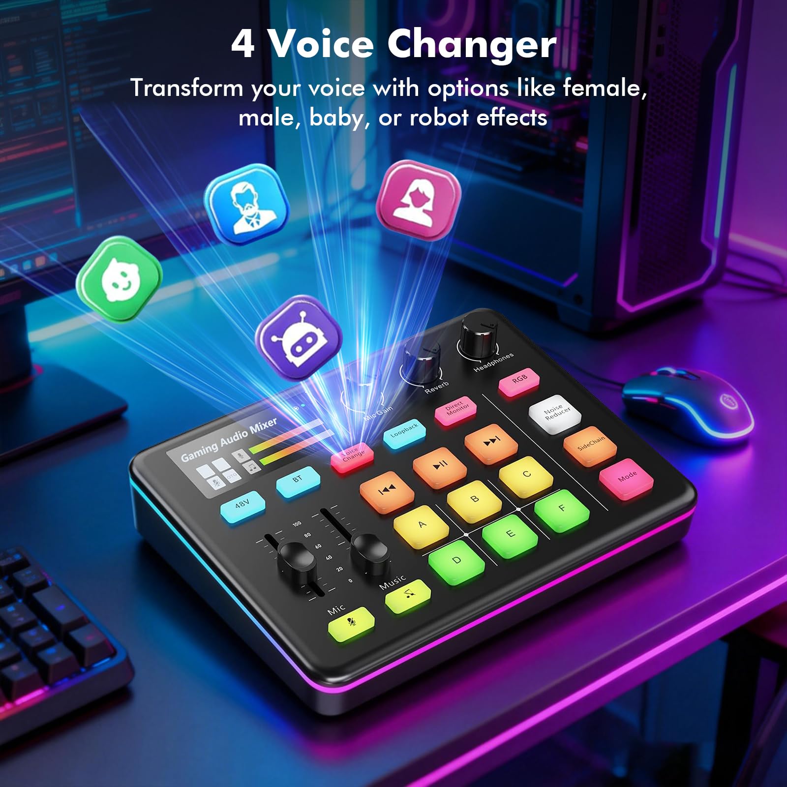 Mezclador de audio G1 Neo, mezclador de audio para juegos, tarjeta de sonido RGB para micrófono XLR, interfaz de audio para streaming, alimentación fantasma de 48 V, efectos de sonido personalizados