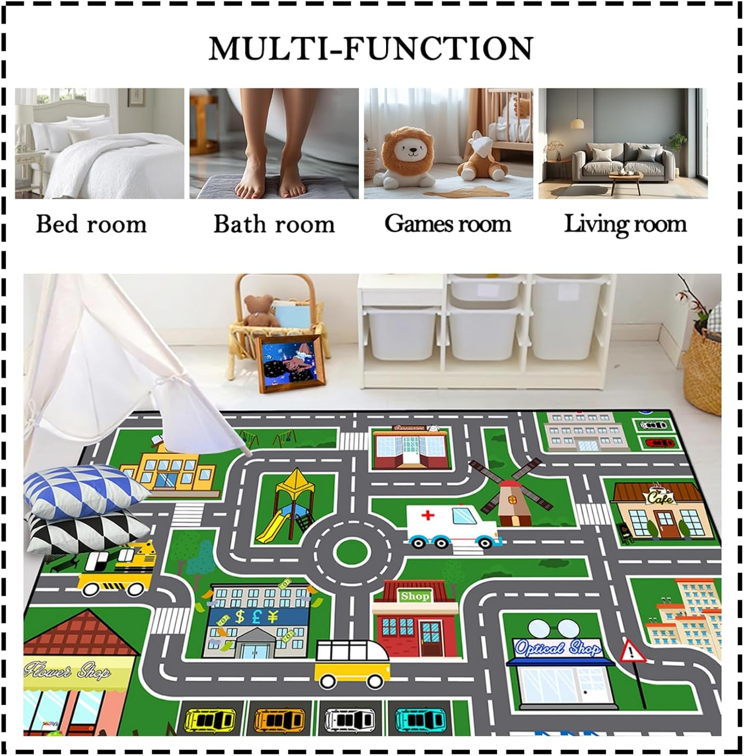 Car Rugs for, Green Car Traffic Road Play Mat Carpets for Room Bedroom Playroom Nursery Room Decor, 4'5''×6'