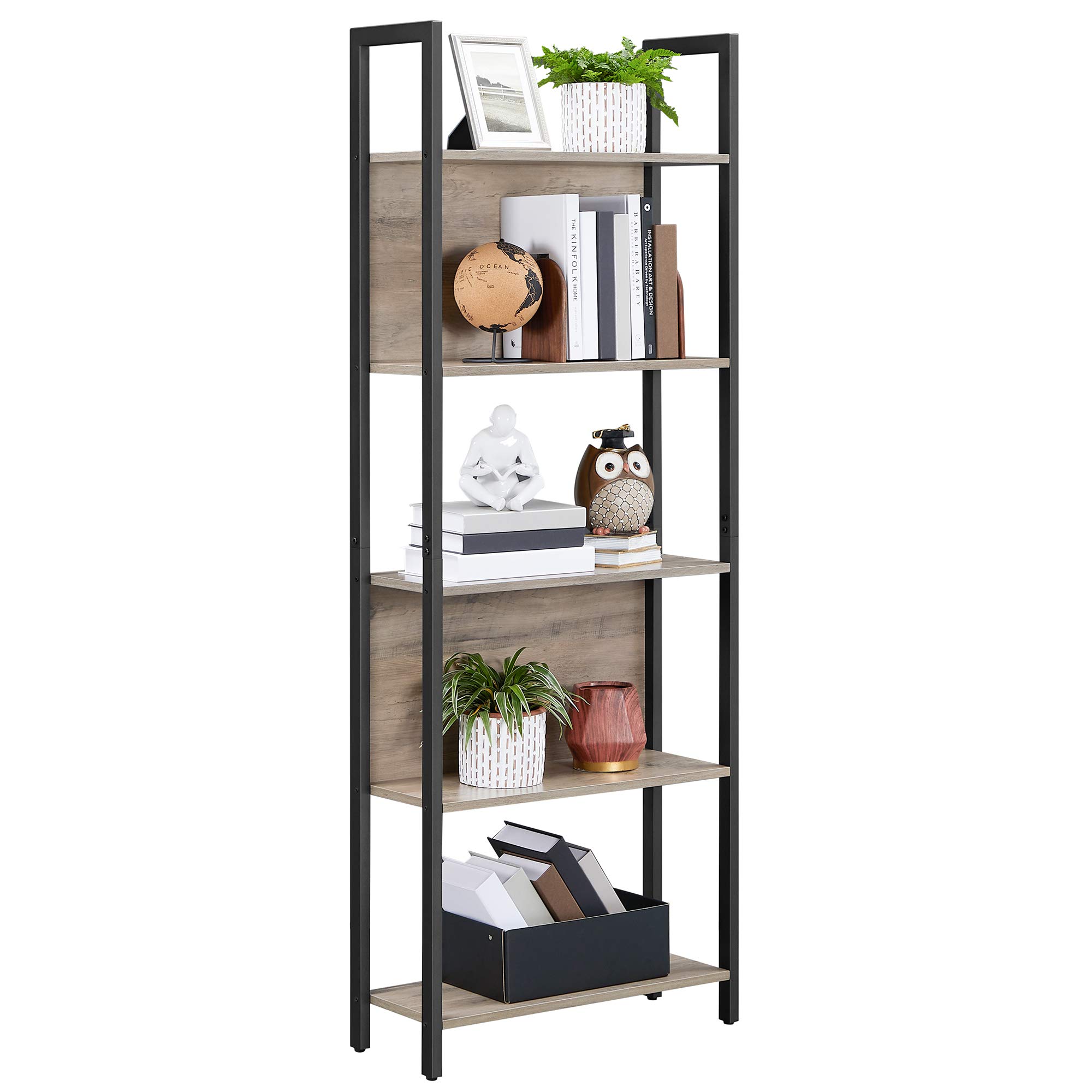 VASAGLE 5-Tier Bookshelf, Storage Rack Shelf, Bookcase with 5 Shelves, Steel Frame, for Living Room, Entryway, Hallway, Office, Industrial Style, Greige and Black ULLS025B02