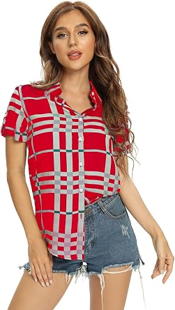OCHENTA Womens Short Sleeve Plaid Button Down Shirt Button up Blouses Casual Summer Tops