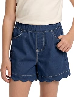 Noomelfish Girls Scalloped Denim Shorts Elastic Waist Cute Summer Jean Shorts with Pockets (5-12 Years)