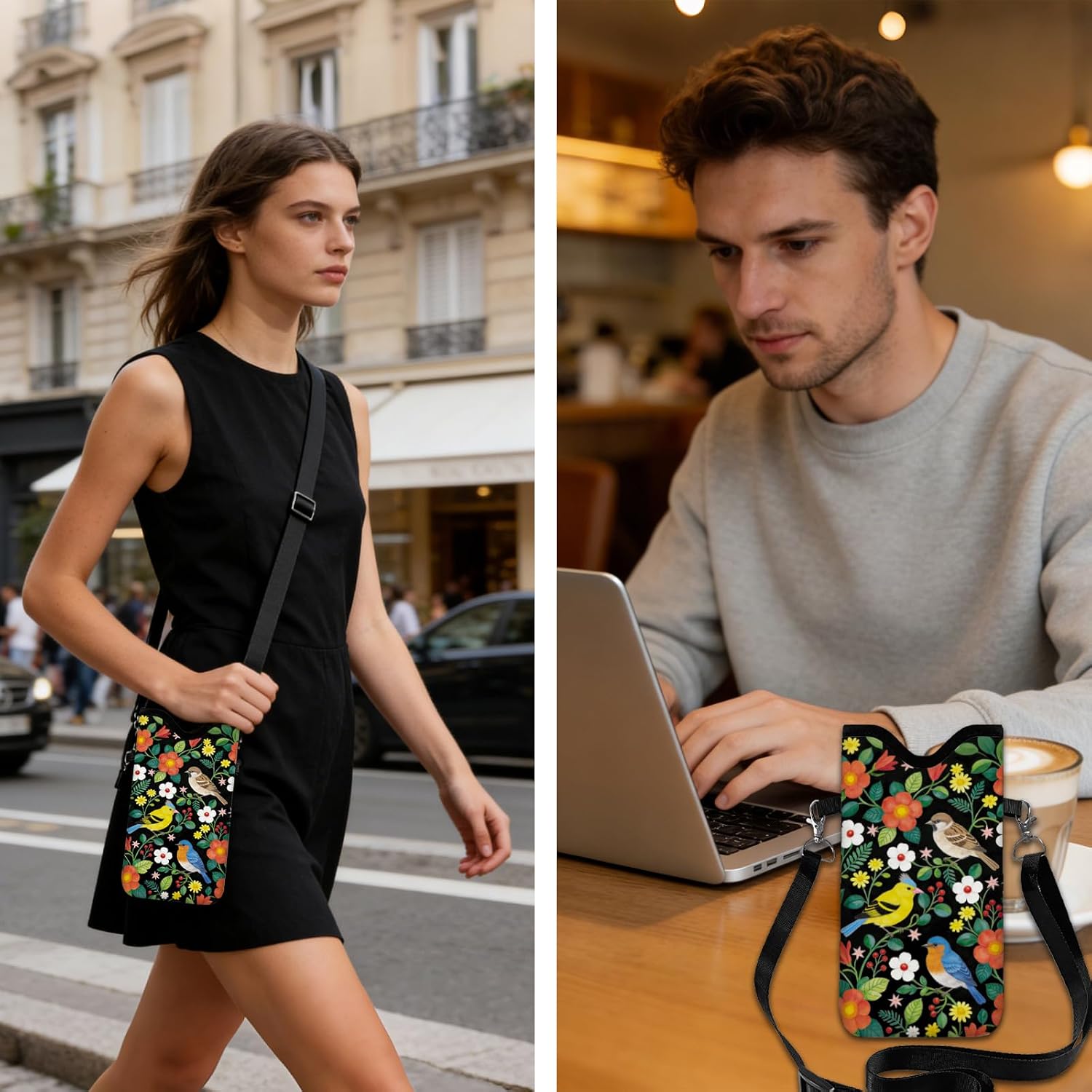 GLOBLELAND Flowers and Birds Cell Phone Sleeve Pouch Case Bag with Crossbody Strap Neck Lanyard for Women Men