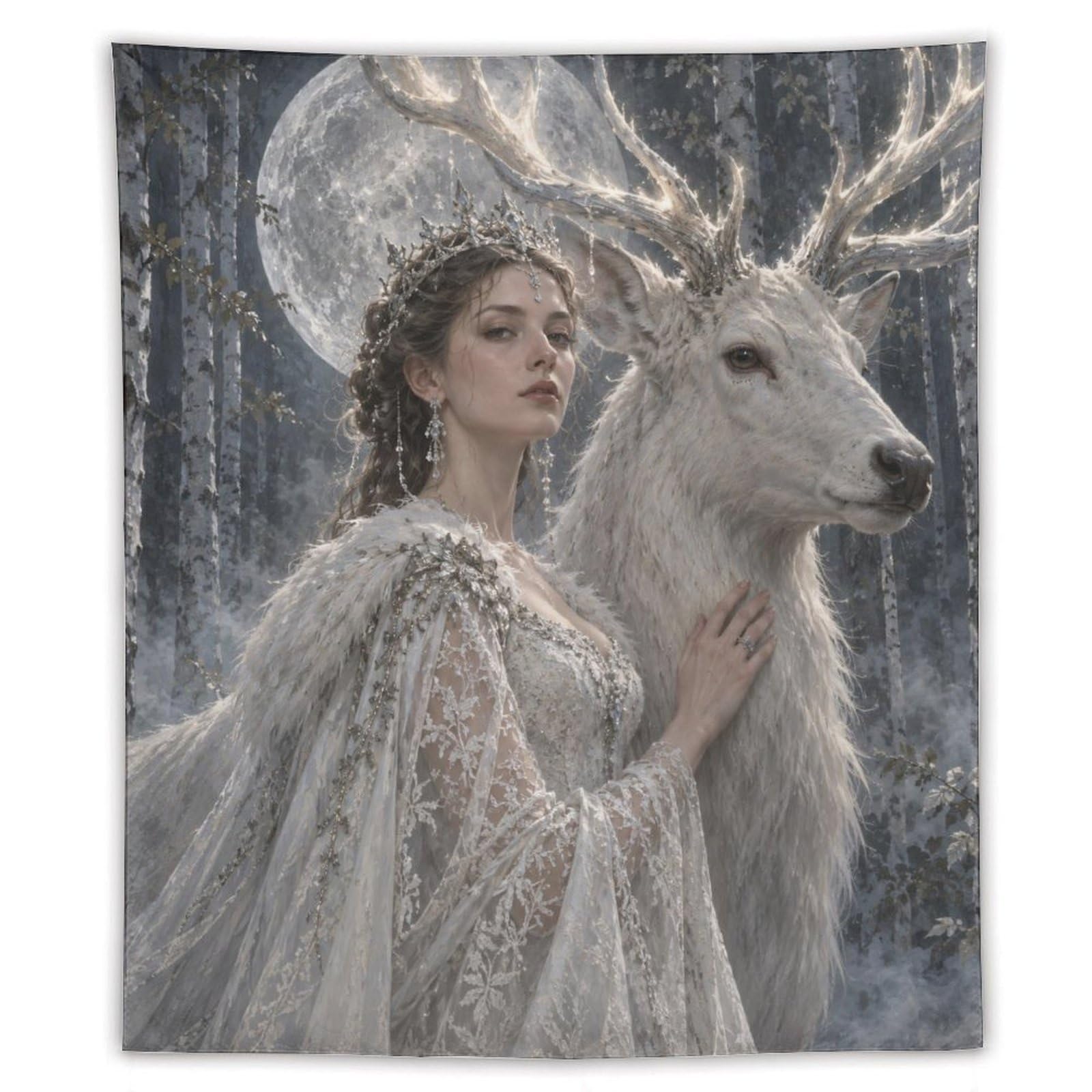H3B8U2Y5 White Deer Woman Wall Tapestry, Fantasy Illustration, Bed