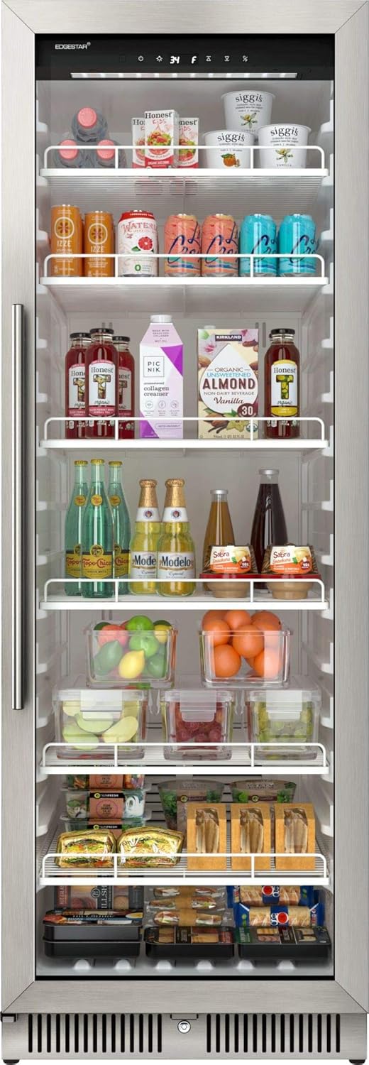 EdgeStar VBM131 Commercial Beverage Merchandiser with door open, showing interior filled with items