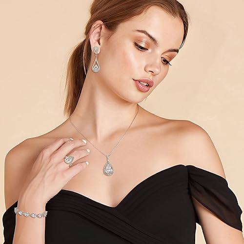 Miniatura 3 de Flyonce Juego de joyas de boda para novias, damas de honor, brillantes con circonita cúbica, colgante de lágrima, aretes colgantes, anillos