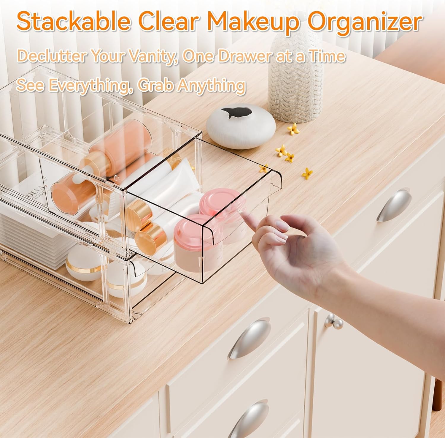 Yieach 4 Pack Clear Stackable Storage Drawers,4.5" Tall Acrylic Makeup Organizer Drawers and Medicine Cabinet Organizers,Pull Out Plastic Bathroom Closet Organizer for Hair Clip,Baby Bottle,Pacifier