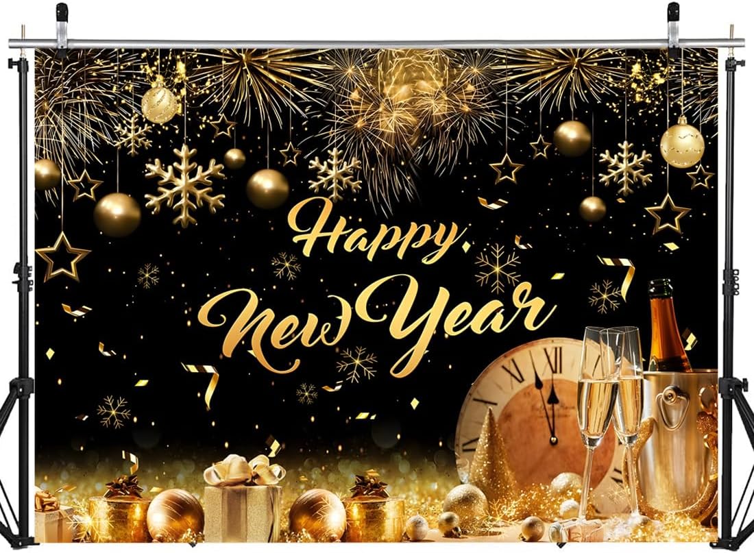 7X5FT 2025 Happy New Year Backdrop Black and Gold Background Eve Party Decorations New Year Party Banner Photography Backdrop DH-955