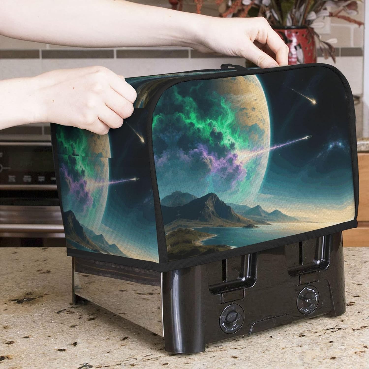 Nature Outer Space Galaxy Starry Night Toaster Cover 2 Slice, Waterproof Bread Machine Covers with Pockets Universal Size Kitchen Small Appliance Cover with Handle, Dust and Fingerprint Protection