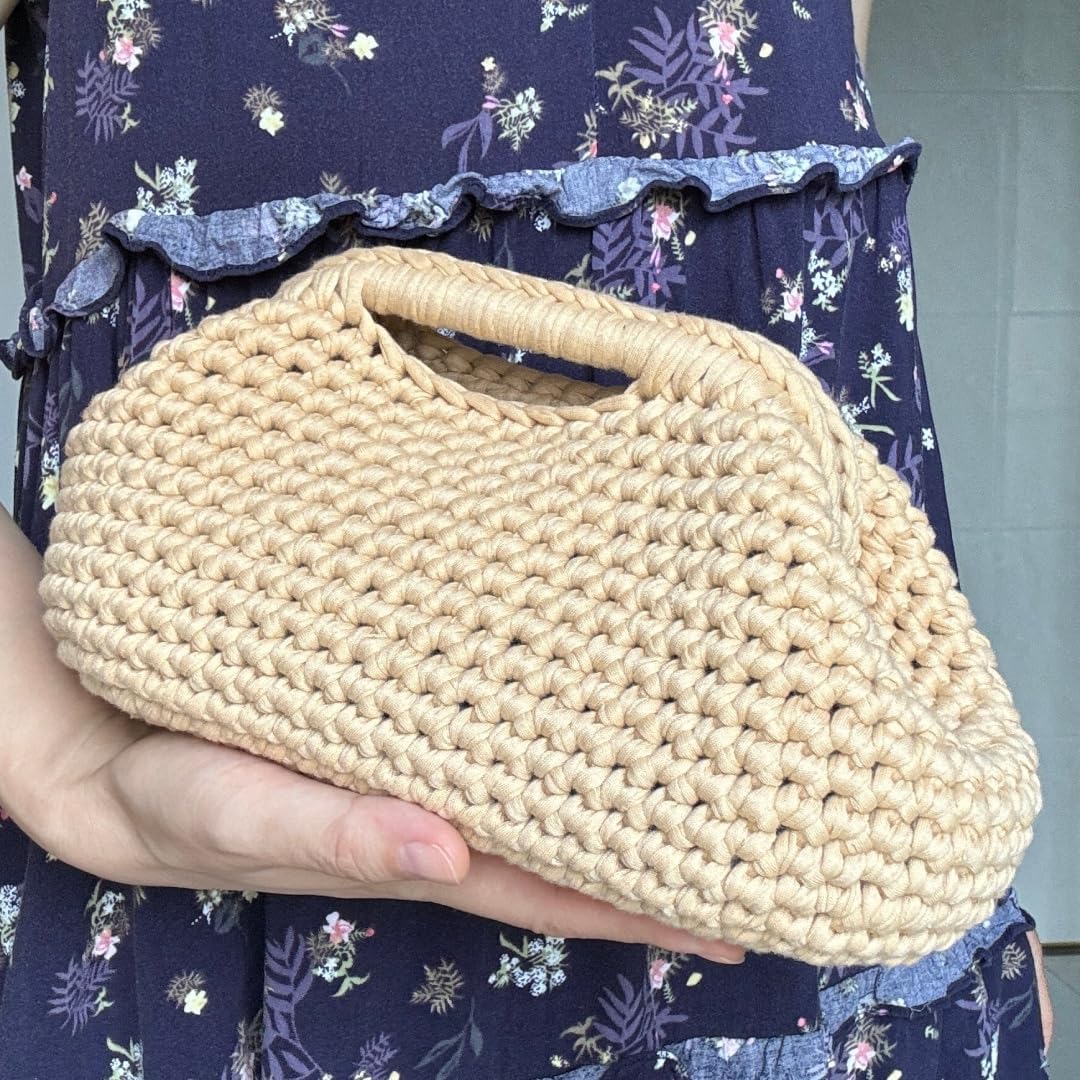 Handmade Crocheted Clutch Bag, Beige, 9.84 x 5.11 inches