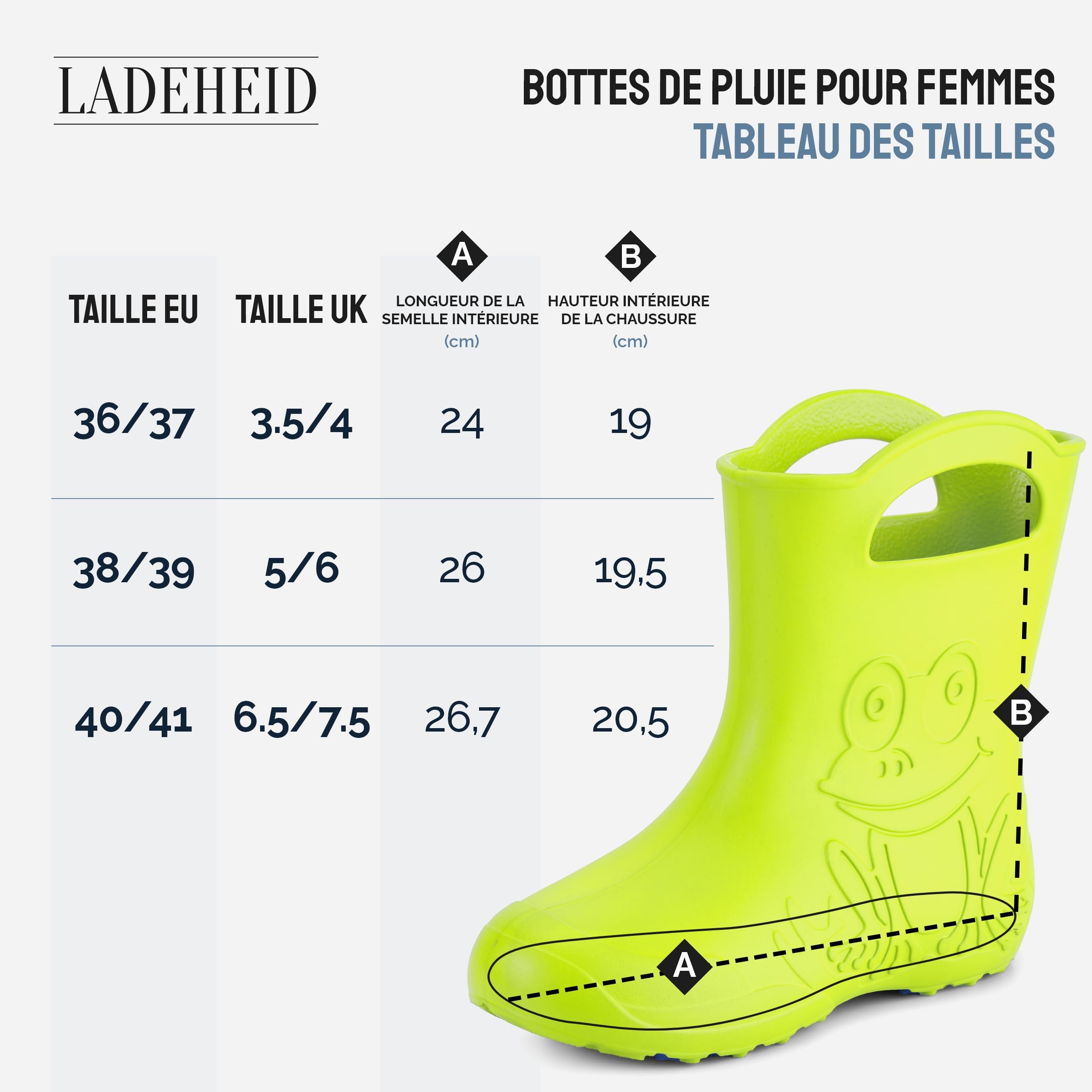 Ladeheid Bottes de pluie femme légères imperméables en mousse EVA avec doublure chaude motif grenouille semelle antidérapante poignées faciles à enfiler LA-CA-12