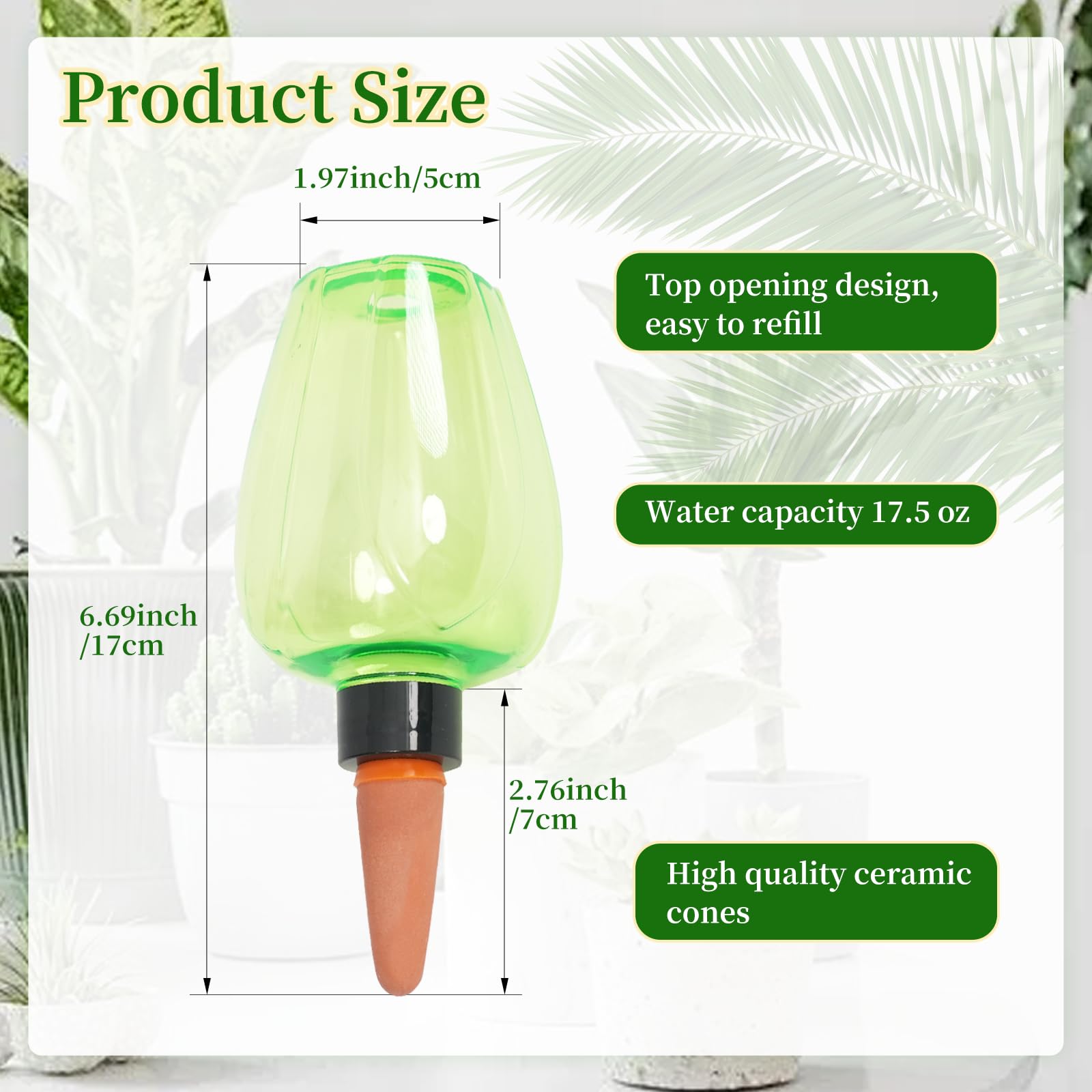 6 selbstbewässernde Pflanzkugeln, Kunststoff-Wasserzwiebeln, Top-Füllung, 350 ml, Pflanzenbewässerungsgeräte, langsames Freisetzen, Terrakotta, Wasserspikes für den Innenbereich, Grün, 6 Stück