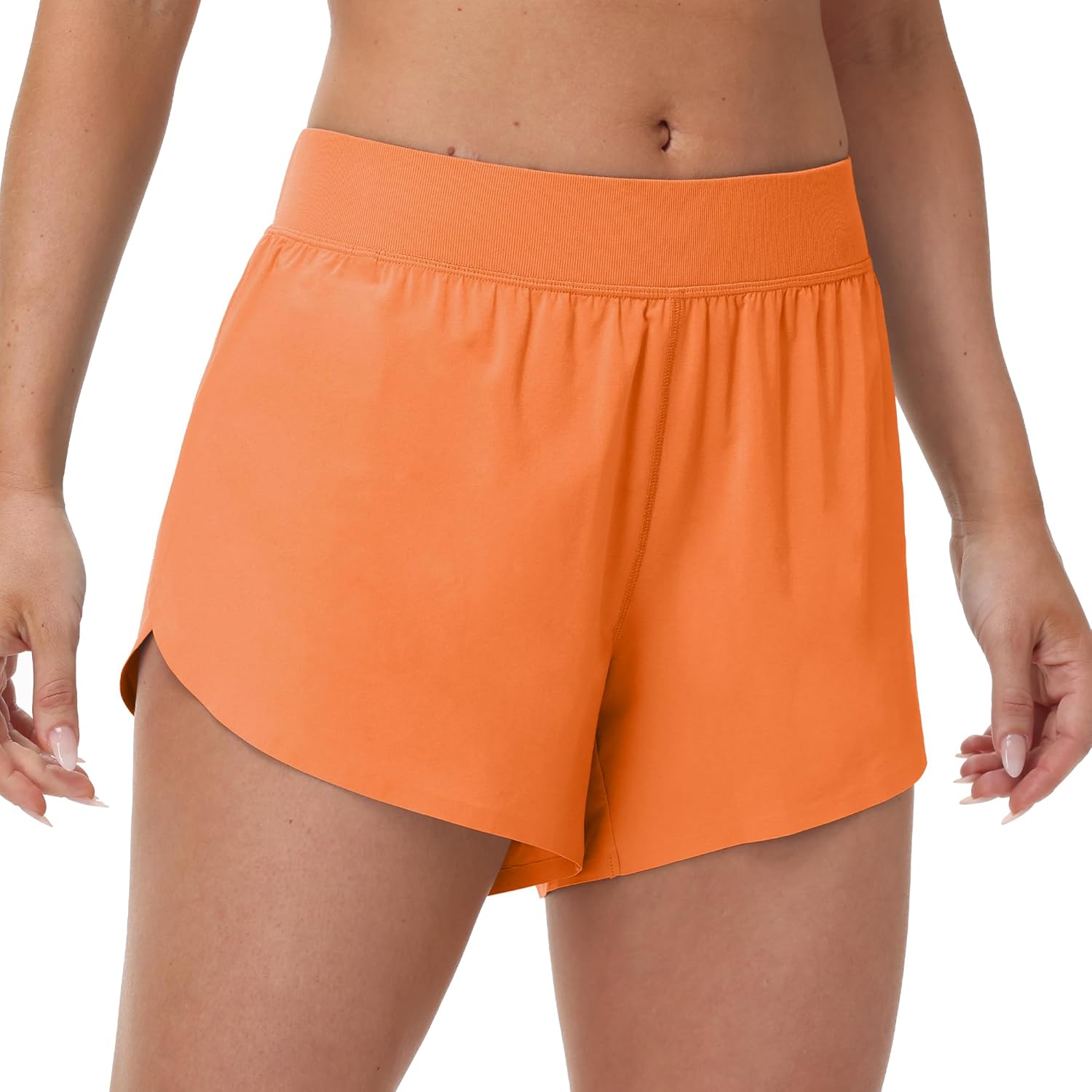 MCEDAR Women's Mid Waist Athletic Running Shorts 4" High Split for Dolphin Shorts with Comfy Mesh Liner for Gym Workout Track Orange Medium - Image 1 of 7