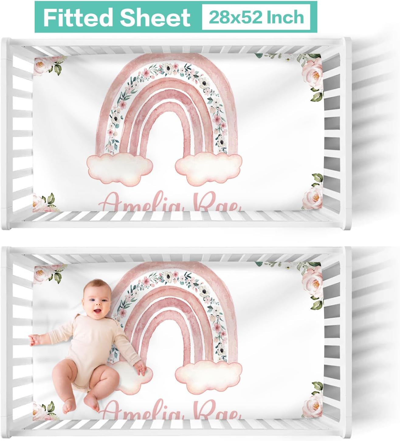 Custom Baby Crib Bedding Set - Rainbow Nursery Bedding 3 Piece Set with Personalized Name Design - Soft Chic Flannel Blanket, Crib Sheet, Pillowcase for Newborns Boys Girls Gifts Color02
