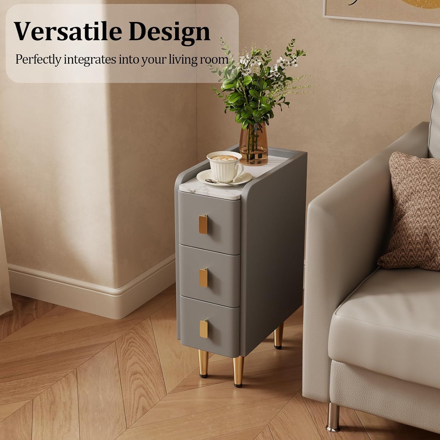 AQIMUELE Narrow Nightstand with Drawers, Narrow Side Table Leather, Small Bedside Tables for Bedroom. (Dark Gray)